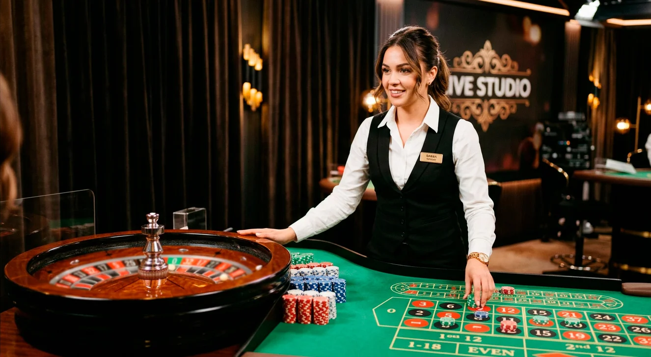 Live casino dealer at a roulette table with real-time video stream